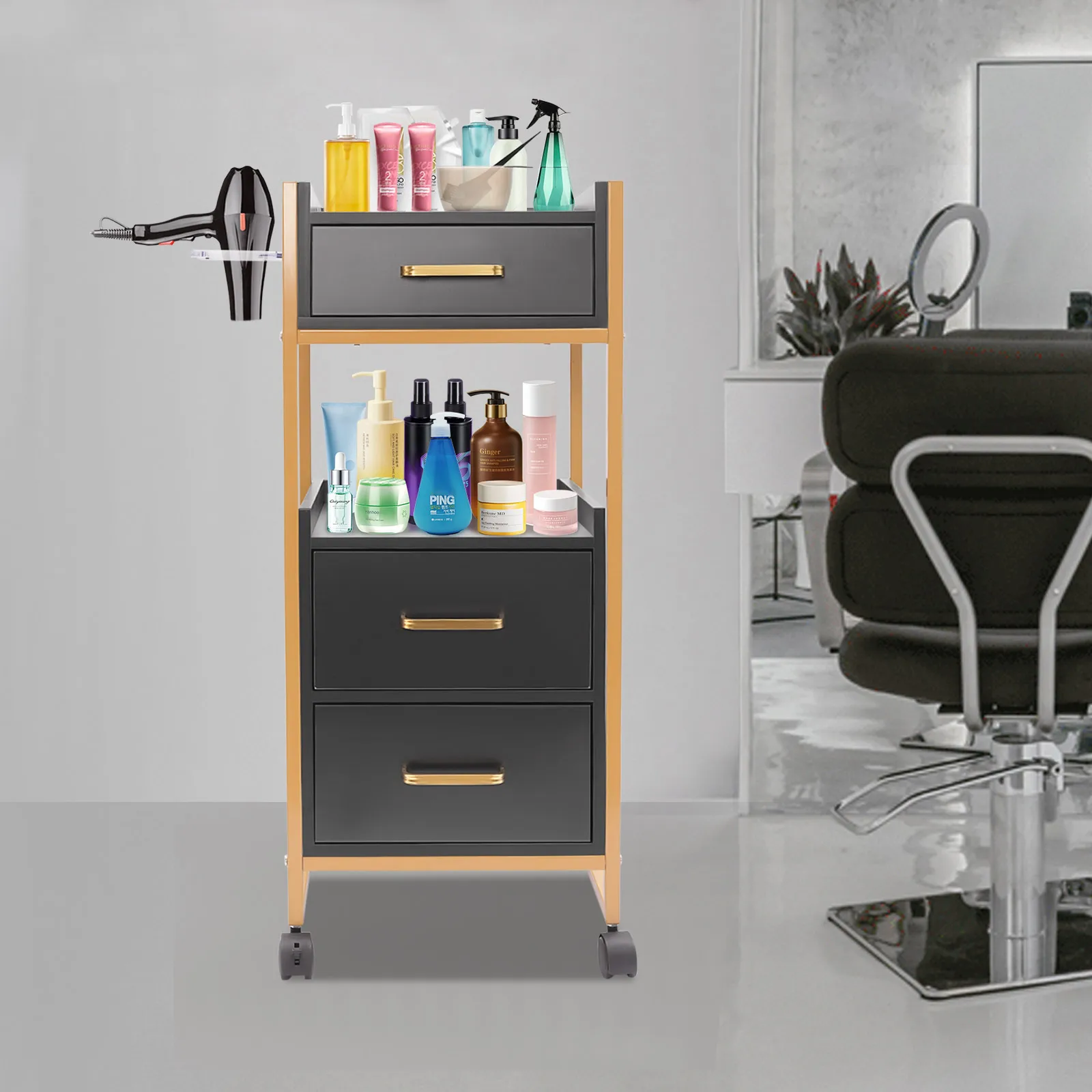 3 Drawing Wheel Hair Salon Tool Cabinet Salon Cart Barber Trolley, Barber Shop Tool Cabinet with Wheels, Salon Storage Trolley