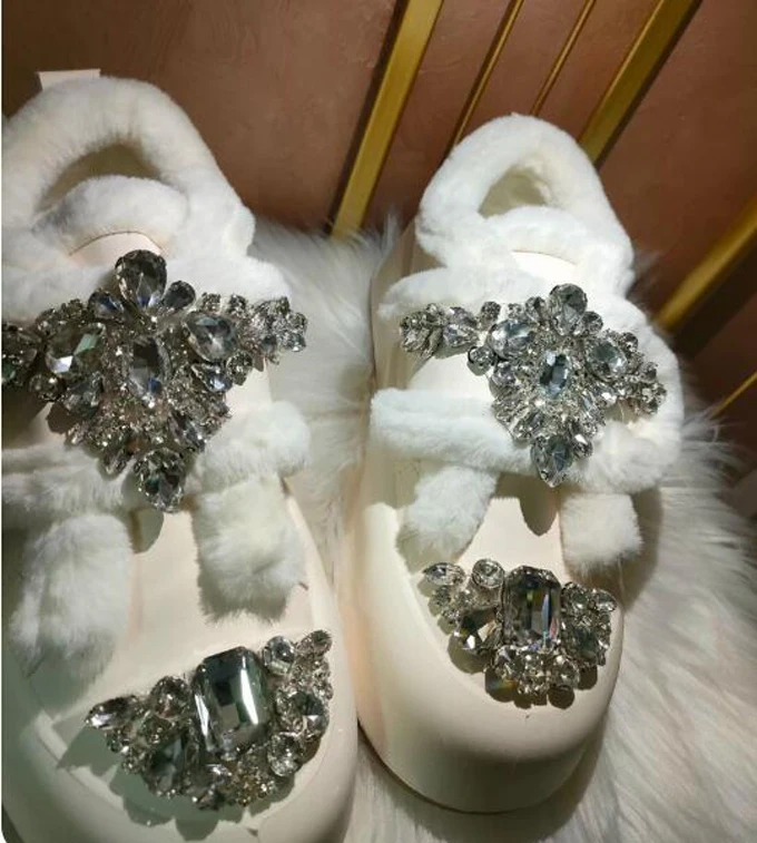 

Pure White Rhinestone Platform Thick Sole Winter Fur Flat Shoes Woman Round Toe Magic Tape Crystal Outfit Casual Shoes