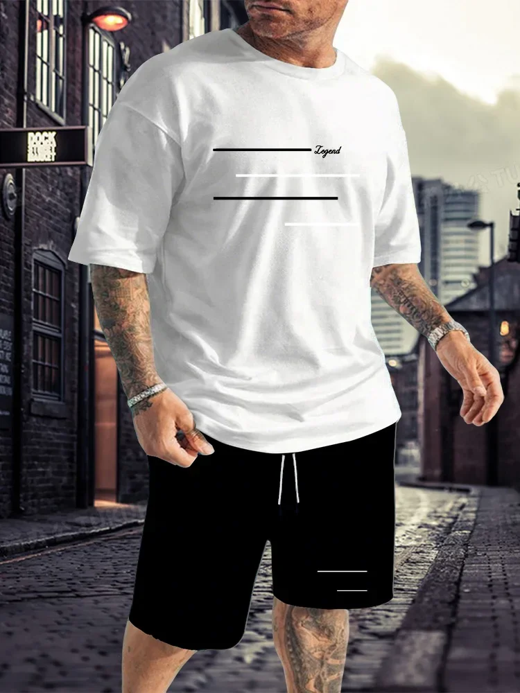 

Casual Stripe Printed T-shirt Shorts Set Large Size Loose Men's Short Sleeve Tee Elastic Waist Shorts 2-piece Set Sports Clothes
