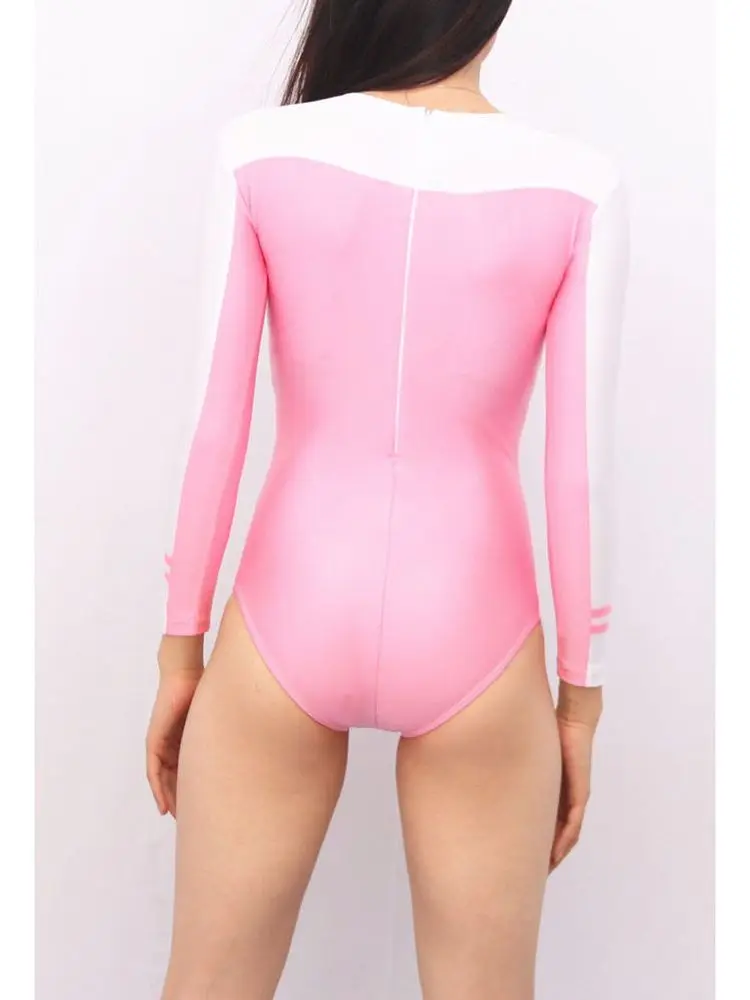 Long Sleeve Mercerized Spandex Swimsuit Tights Patchwork Contrast Color Bodysuit Sexy Yoga Fitness Body Teddies Leotard Unitard