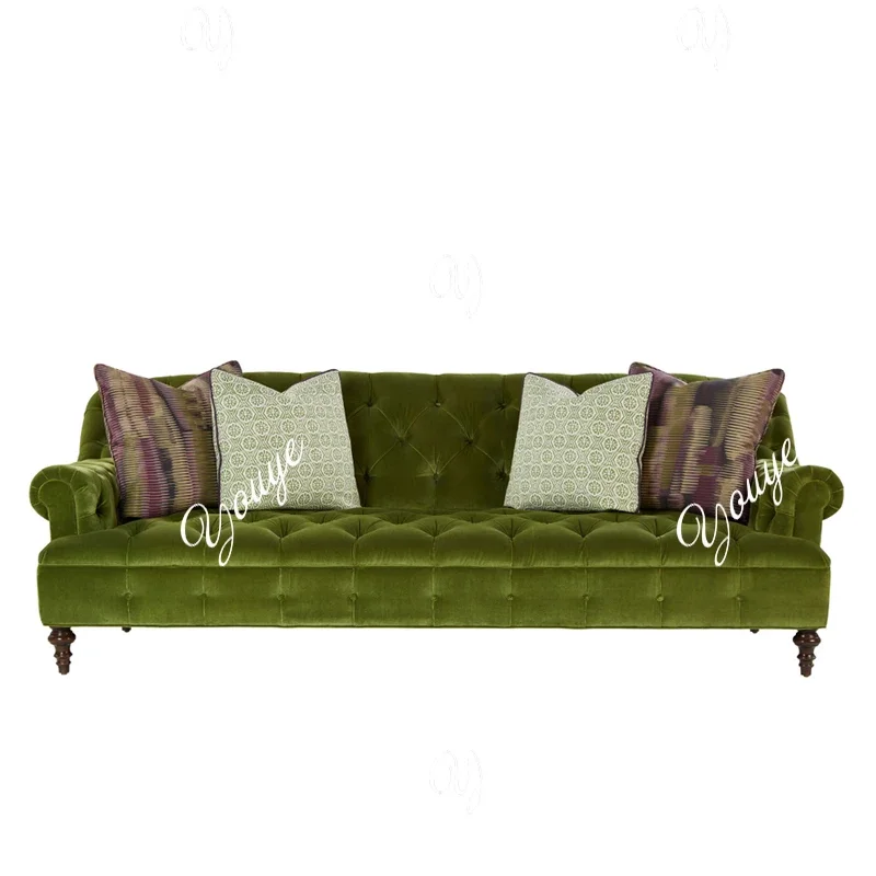 XM French Retro Sofa Olive Green Solid Wood Sofa American Small Apartment Velvet Buckle High Back Double Triple