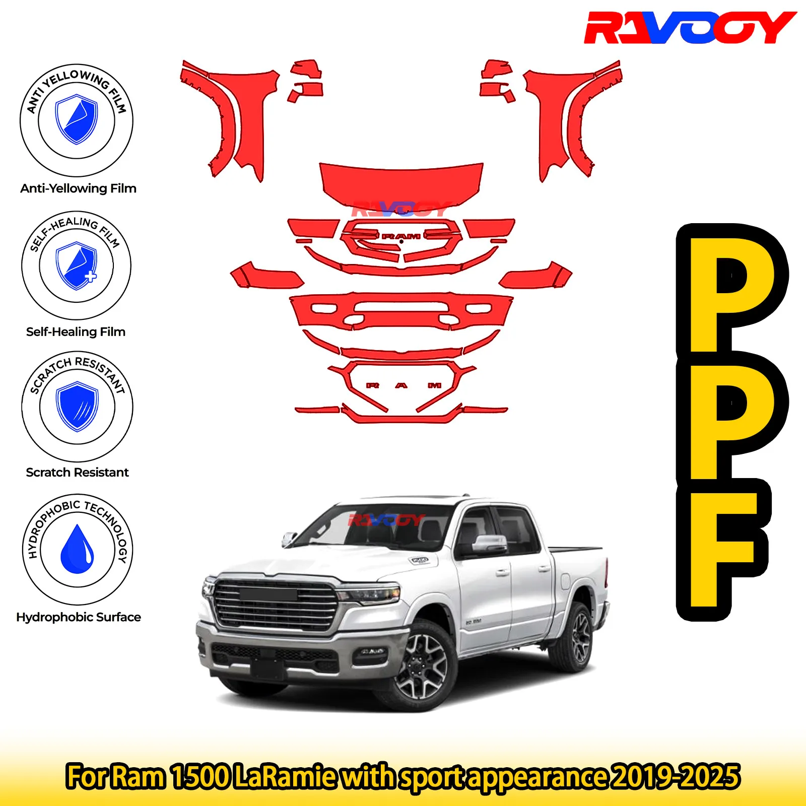 

For Ram 1500 Laramie Longhorn 2019-2020 Glossy Matte Black Precut front PPF Kit Paint Protection Film