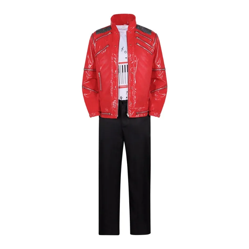 Conjunto de Disfraz de Estrella de Pop para Halloween, Chaqueta Roja, Camiseta con Estampado de Piano y Pantalones Negros, Traje Retro de Rey del Pop de los 80s y 90s para Adultos y Niños