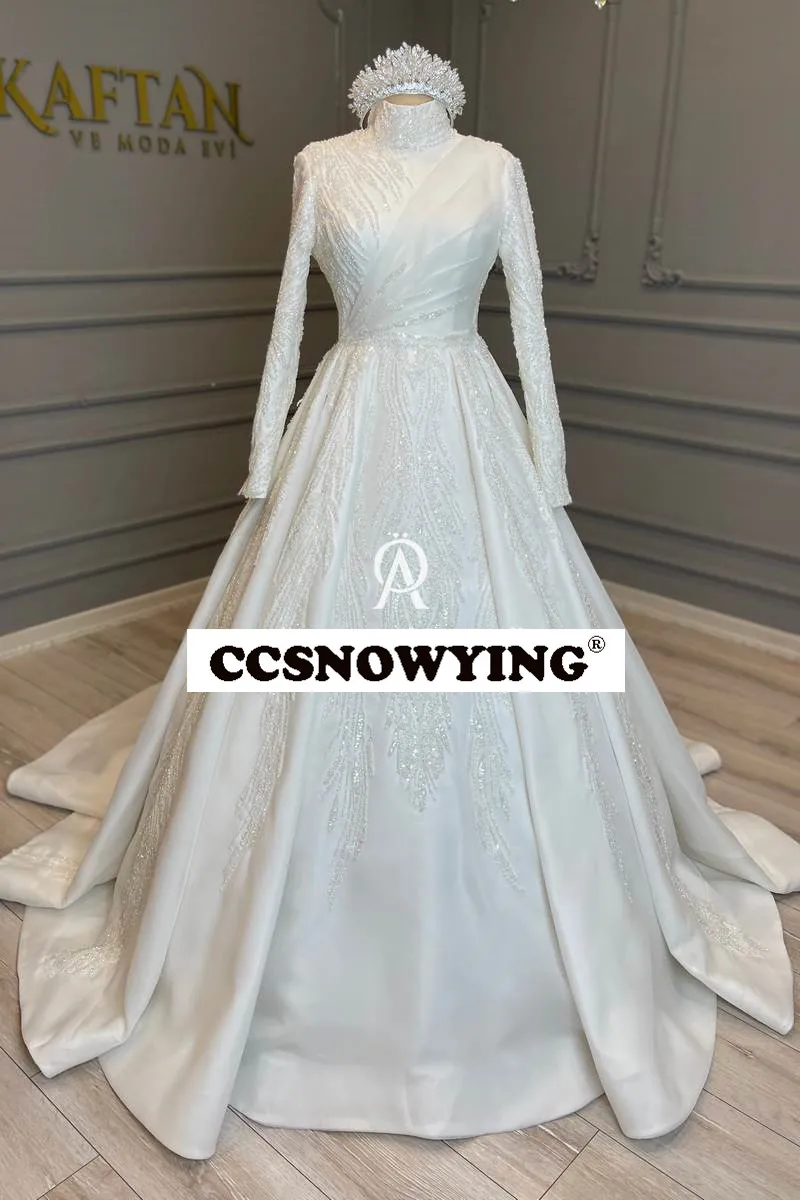 Robes de mariée musulmanes à manches longues perlées de luxe pour la mariée, robe de patients islamiques à col roulé, caftan arabe de Dubaï