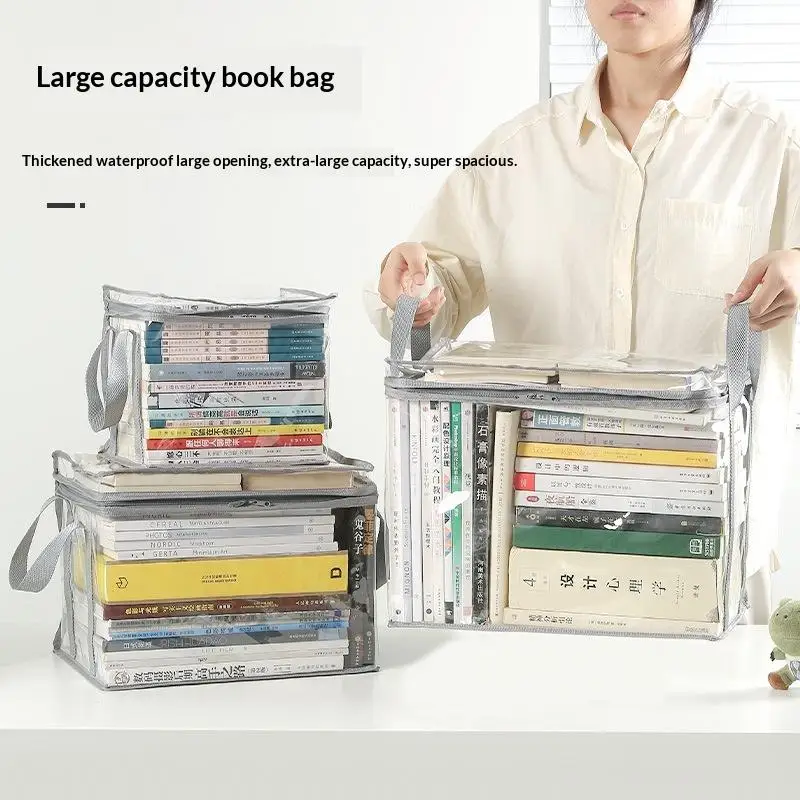 ~Transparent PVC Book Storage Box With Zipper Lid Reinforced Handles For Dorm Home Office Book Organizing