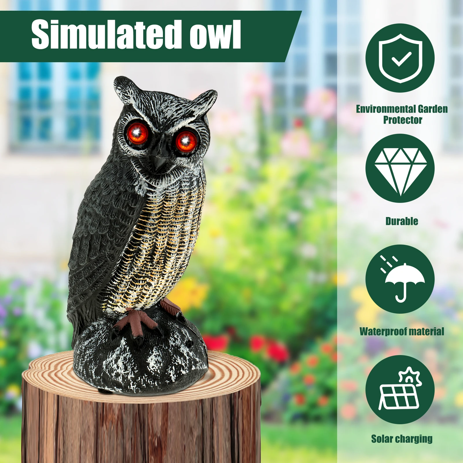 Solar Owl Scare Bird Control Devices Garden Owl to Keep Birds Away Waterproof Sunscreen Owl With Scary Sound and Eyes Emit Light