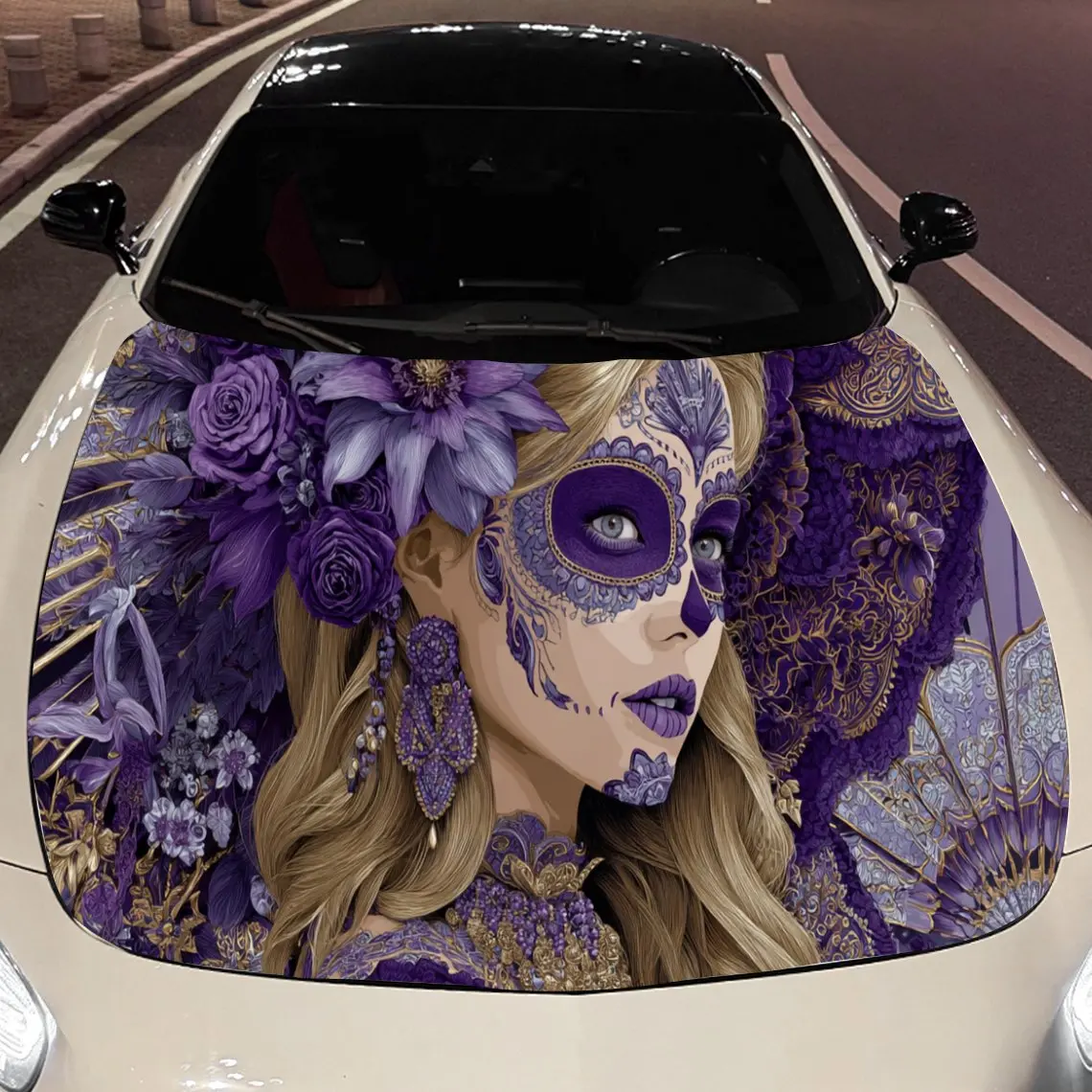 

Sugar Skull and Purple Flowers Car Hood Vinyl Wraps Sticker, Fashionable Auto Cover PVC Decal, Waterproof Self-adhesive Vehicle