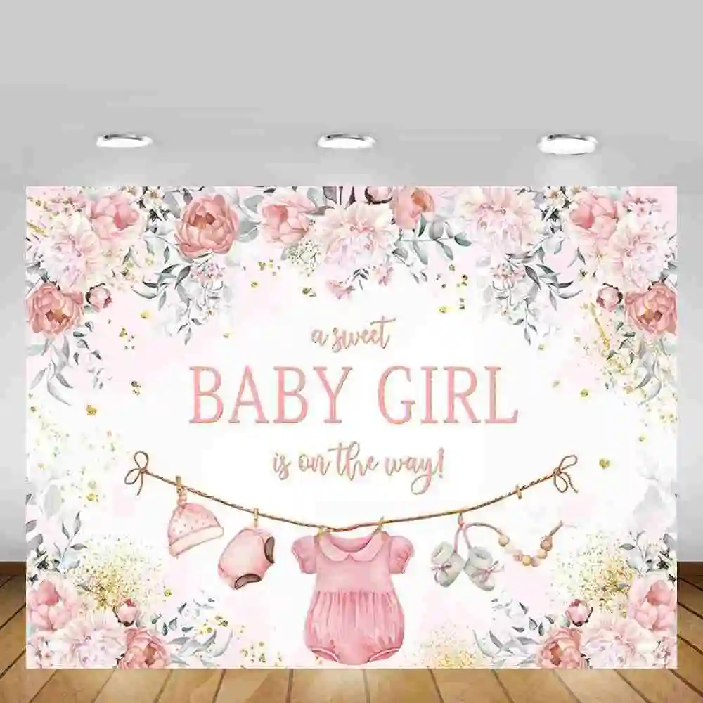 

Cute Clothes Viny Backdrop for Baby Shower Party Decorations A Sweet Baby Girl is On the Way Photostudio Background Banner Props