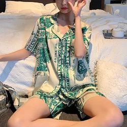 Sexy Nightwear Women Silk Green Cardigan Lapel Short-Sleeved Girl Home Wear 2PCS Set Ladies Soft Breathable Sleepwear Clothes