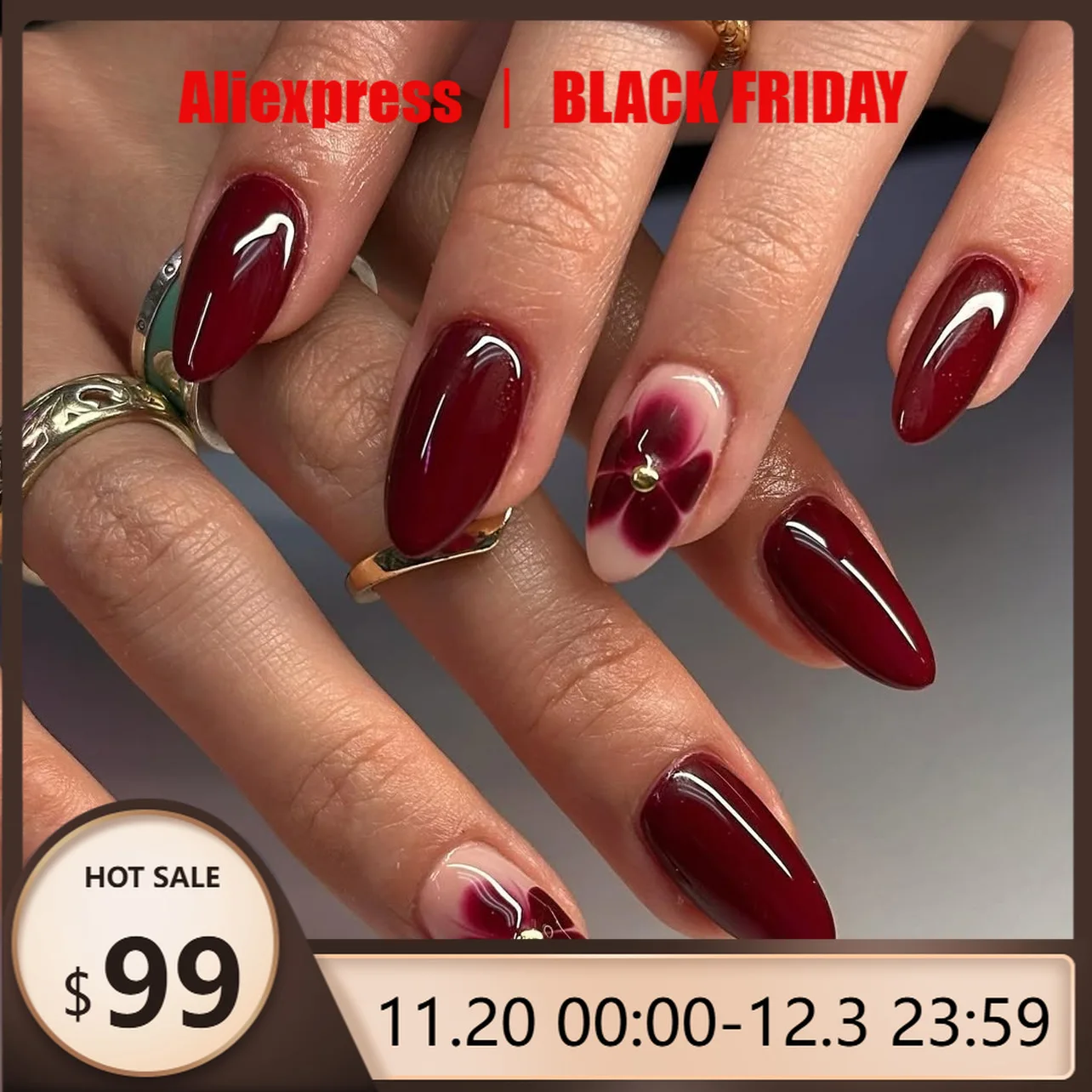 

24pcs Women'S Nail Set Burgundy Almond Shape Medium Length Solid Color with Floral Golden Dust Design Fake Nails for Women/Girls