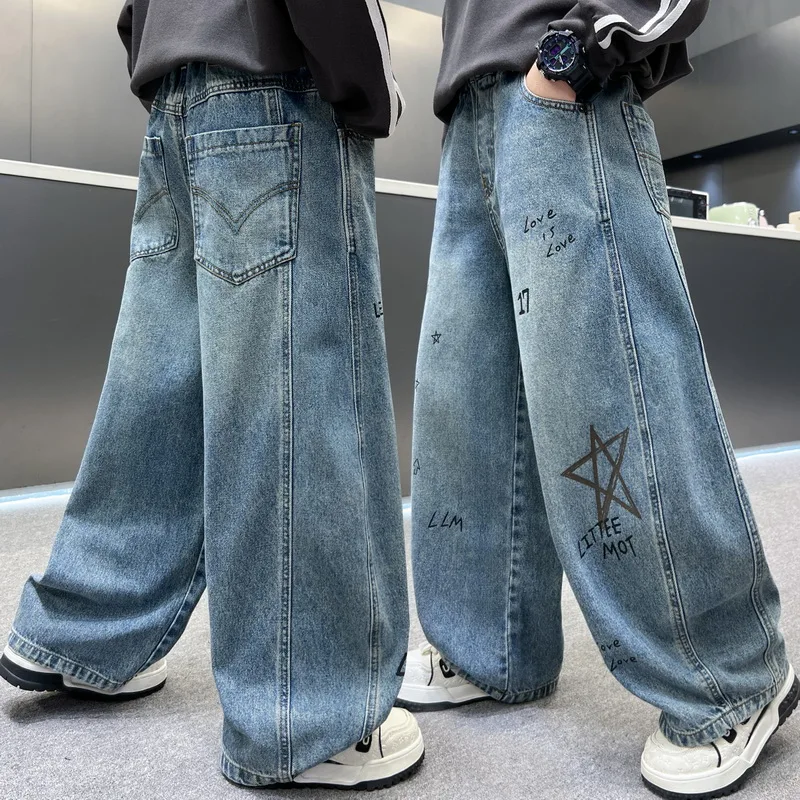 Autumn Child Wide eg Jeans with Pattern for Boy Fashion High Street Denim Pants Teenage Kids Casual Straight Jeans Trousers