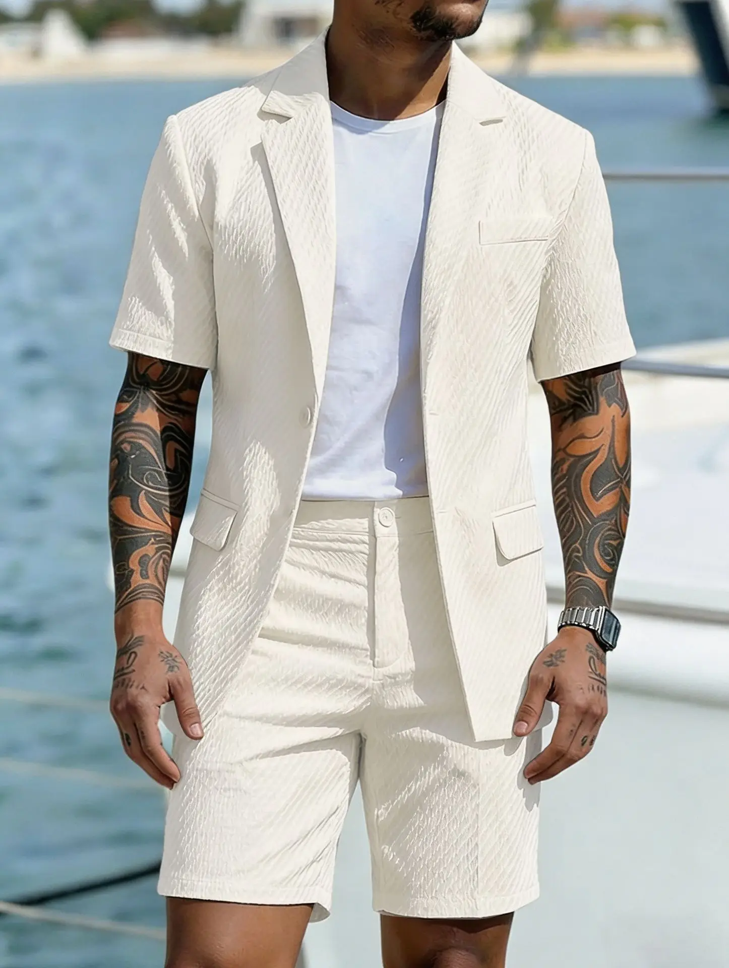 Herren Leichter Strukturierter Zweiteiler mit Reverskragen, Kurzarm-Einreiher-Blazer und Passenden Shorts für Sommerlichen Smart-Casual-Look – Detail 14