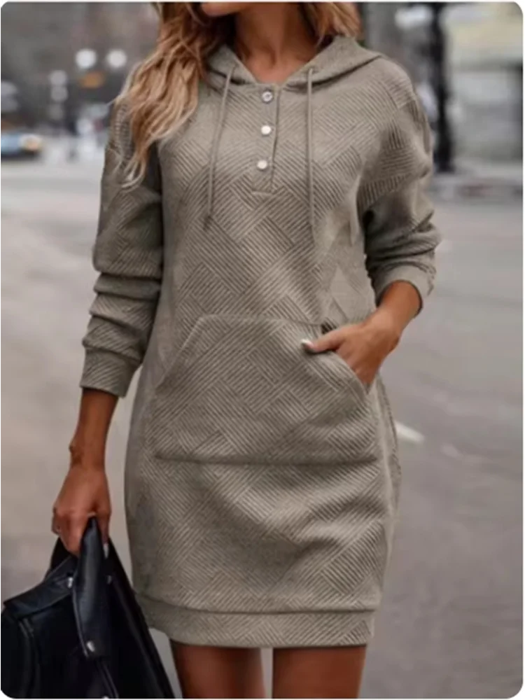 Button Hooded Pocket Pullover Top Women\'s High Street Casual Comfortable Autumn Winter Solid Color Mini Dress