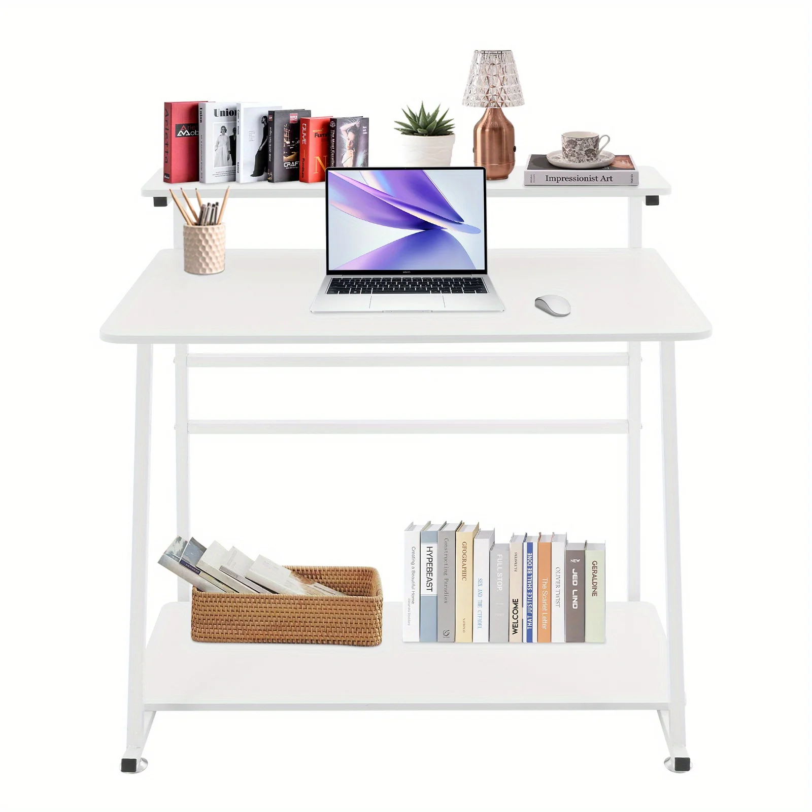 مكتب مكتب منزلي دوار من 3 طبقات - عجلات مكتب كمبيوتر مدمجة للمساحات الصغيرة، طاولة دراسة للطلاب لغرفة النوم، لون أبيض #4