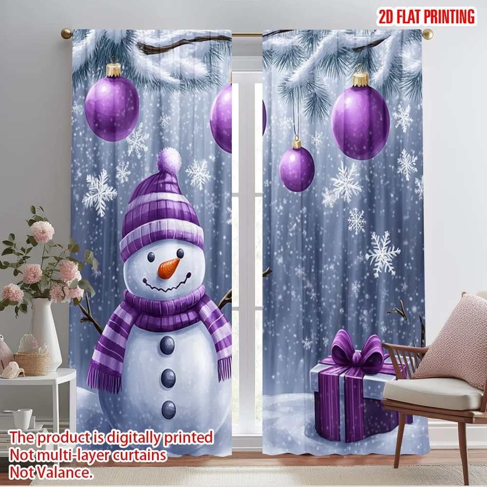 2pcs,2D plane printing Curtains Digital Printed Cute Snowman Christmas Ornaments (3) Versatile 100% Polyester (without rod)