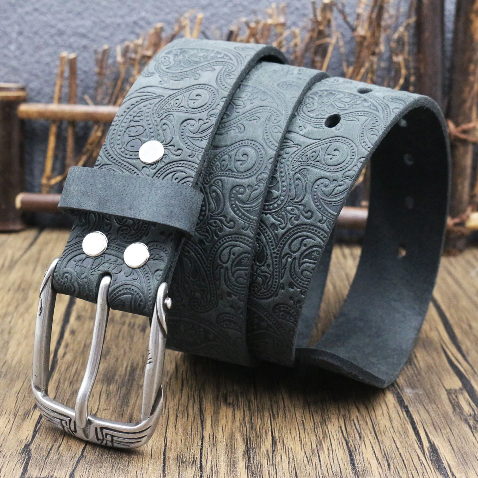 Men Genuine Full Grain Leather Belt Crocodile Embossed Texture Vintage Metal Pin Buckle Casual Jeans Waist Belt