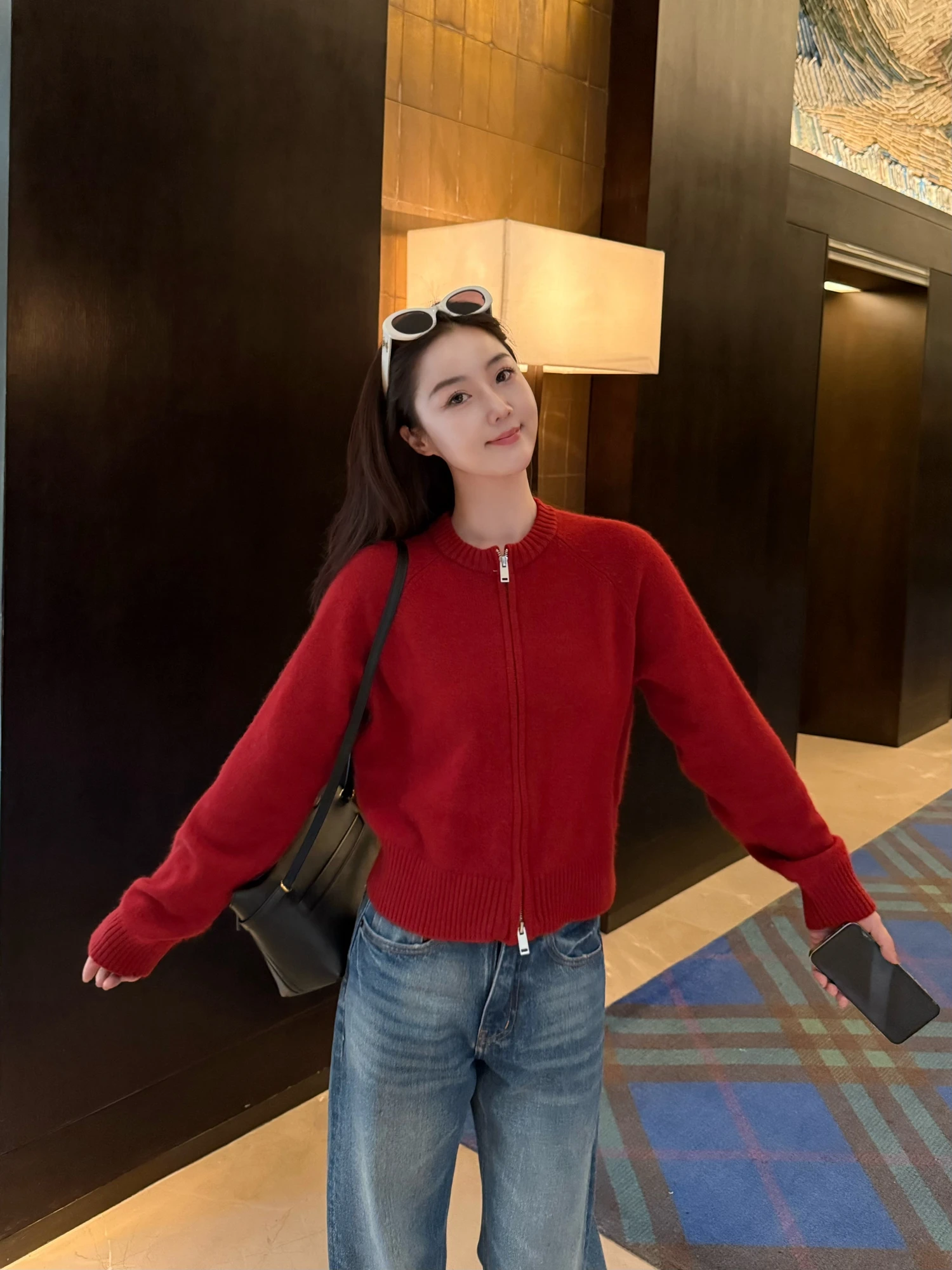 

Cao Daman Casual Double Zipper Cherry Red Camere Sweater Coat Australian Wool Rabbit Fur Open Cardigan Women's Faion