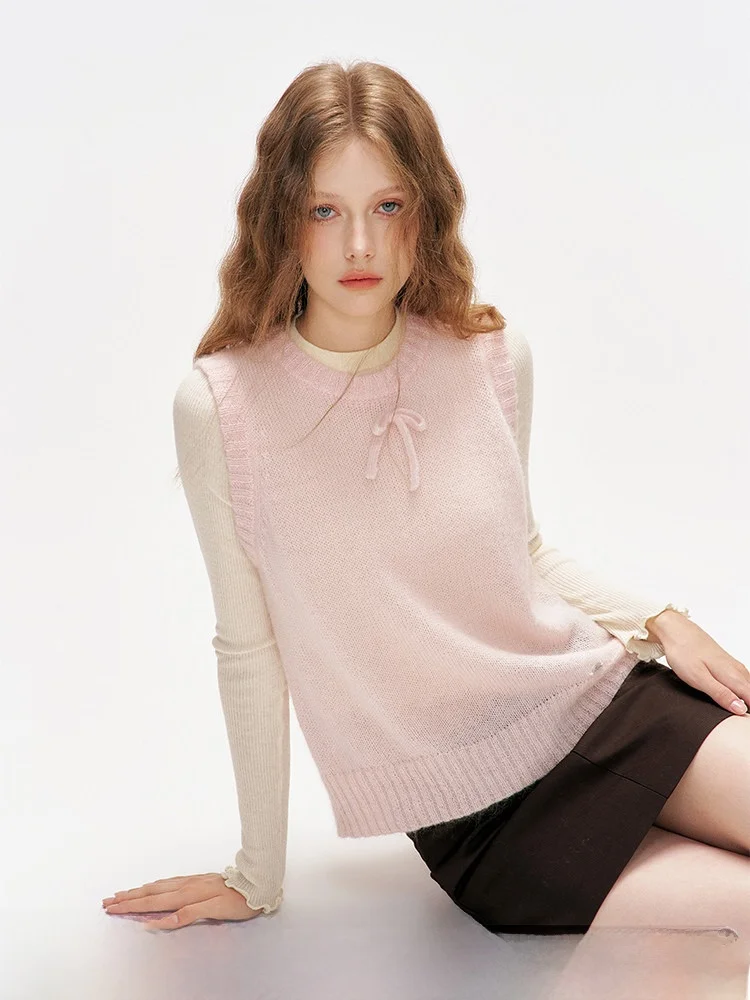 

Женский вязаный жилет из шерстяной смеси Romantic Overture, с круглым вырезом, узлом, мягкий, туманно-розовый, свободного кроя, для повседневной носки