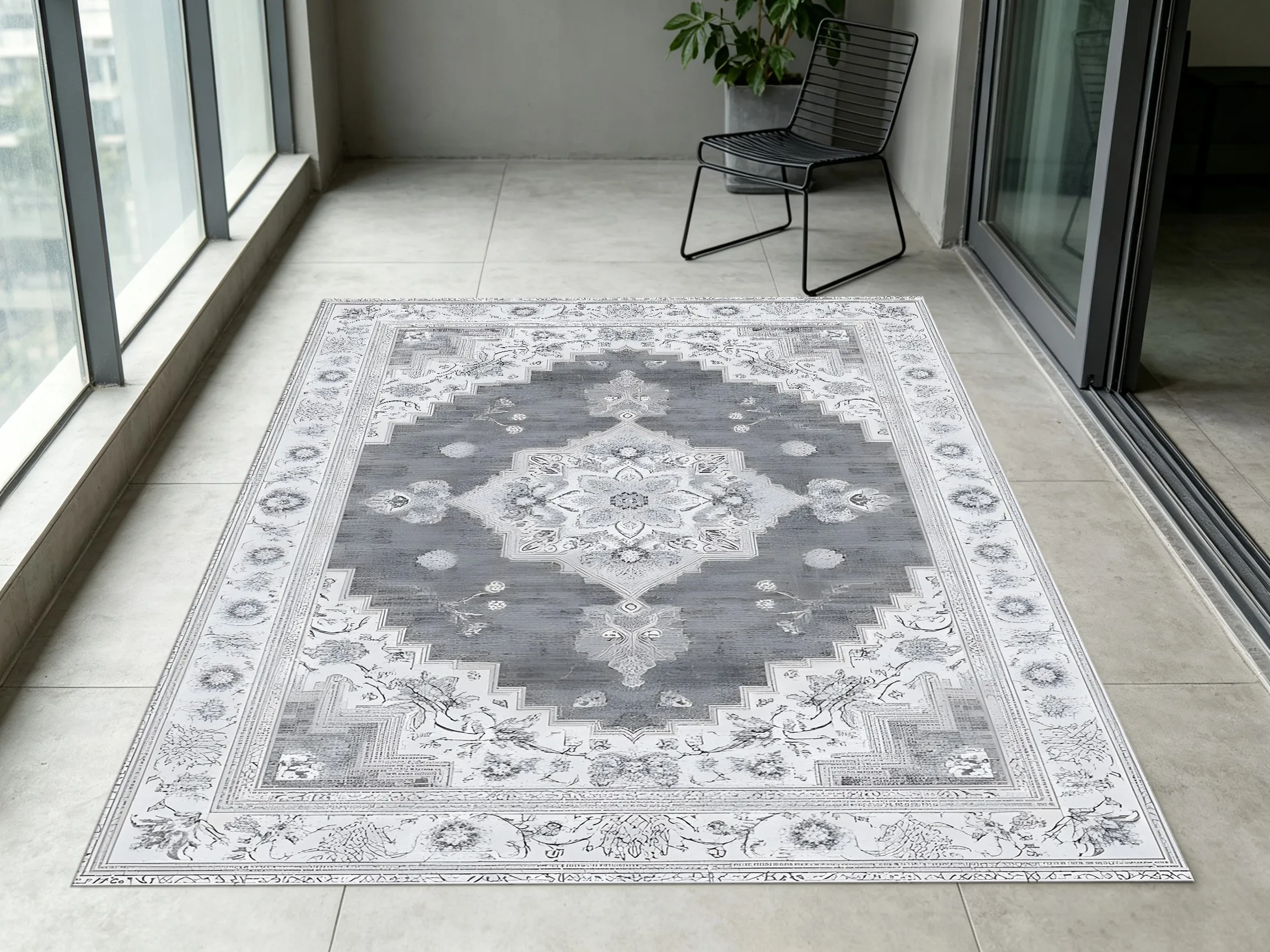 2D Large Rug, Gray Retro Persian Pattern, Luxurious Retro Style, Living Room & Bedroom Carpet