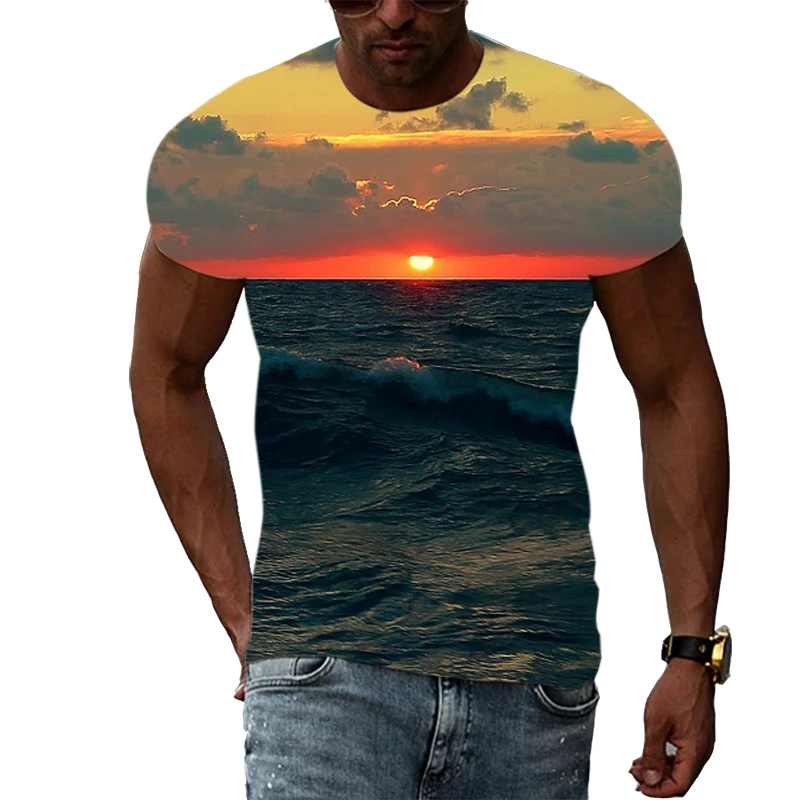 Summer Fashion Men Beach Natural Scenery Graphic T Shirts Personality Trend 3D Print Casual Short Sleeve T-shirts Cool Blouse