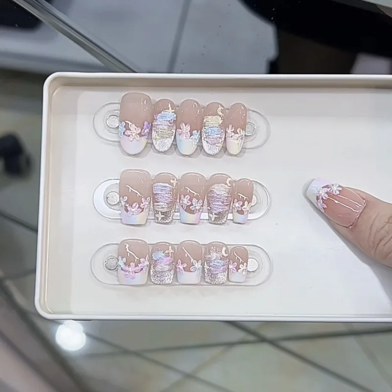 Handmade Glued Nails Coffin Press on Nails Acrylic Spring Summer Nail Tips Multicolored Flowers False Nails with Box and Tools