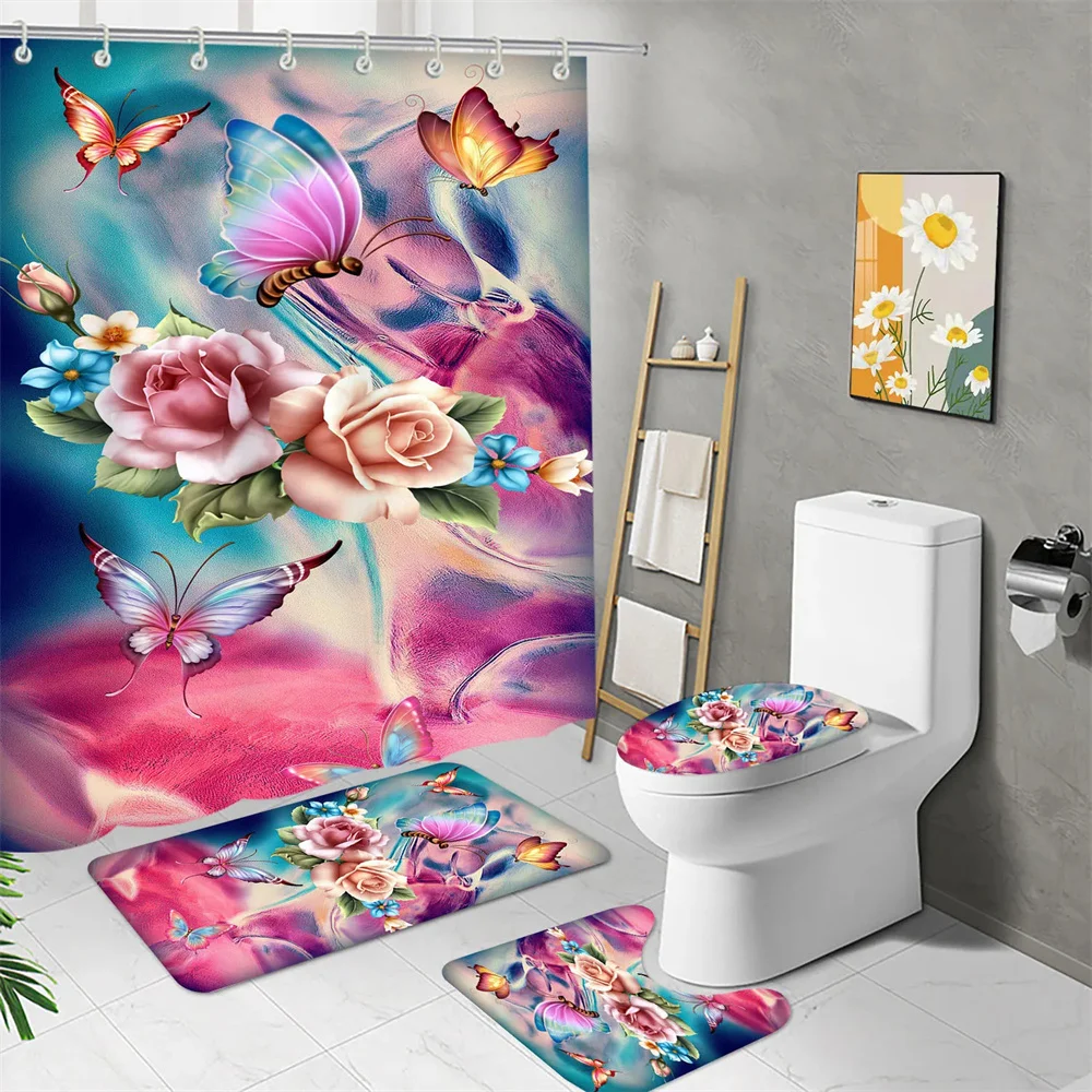

Bathroom Shower curtain set Modern Family Bathroom mat Toilet seat mat Shower curtain Printed waterproof