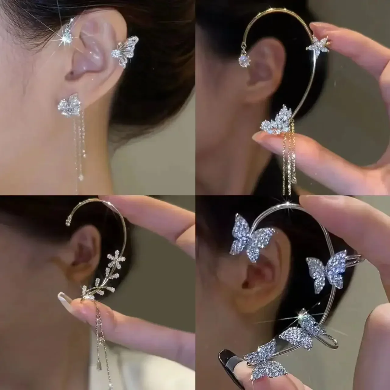 Shiny Zircon Butterfly Ear Cuff Gold Color Tassel Clip on Earrings for Women Copper Earring Without Piercing Jewelry ear loop
