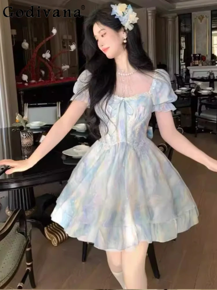 

Summer Large Size Temperament French Sweet Print Long Dress Fashion Age Reduction High Waist Bow Short Sleeve Princess Dresses