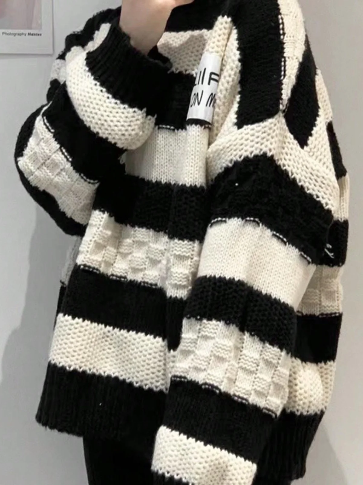 

Loose Women's Knitted Sweater Dongda Gate Stripe Patchwork f High Collar Autumn New Sle Comfortable Lazy Sle Long Sve