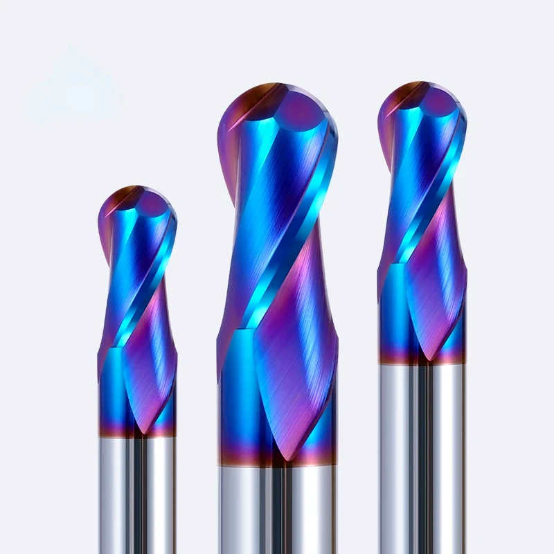 Mata Bor Ball Nose HRC65 1-20mm Shank 2 Flute CNC Router Bit Nano Blue Coated Carbide Milling Cutter Untuk Peralatan Logam