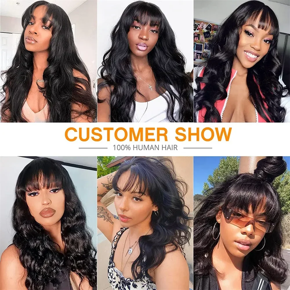 BPHW 12A Body Wave Wig With Bangs 30 inches Body Wave Human Hair Wigs 180% Density Fringe Remy Full Machine Made Wig For Women