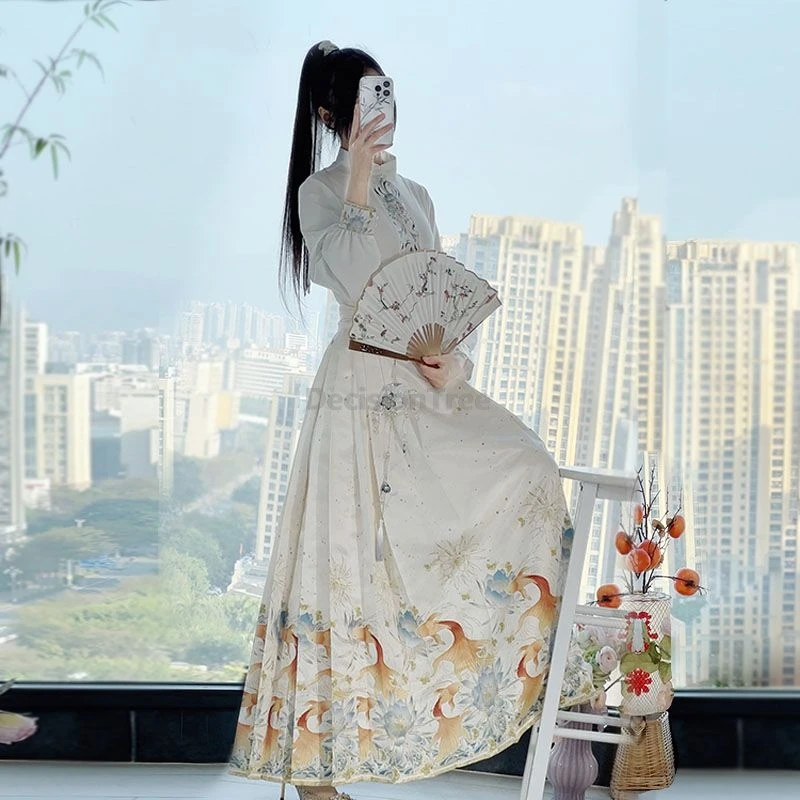 Woman Ming Dynasty Hanfu Set Horse Face Skirt Chinese Traditional Hanfu Costume Stand Collar Vintage Pleats Skirt