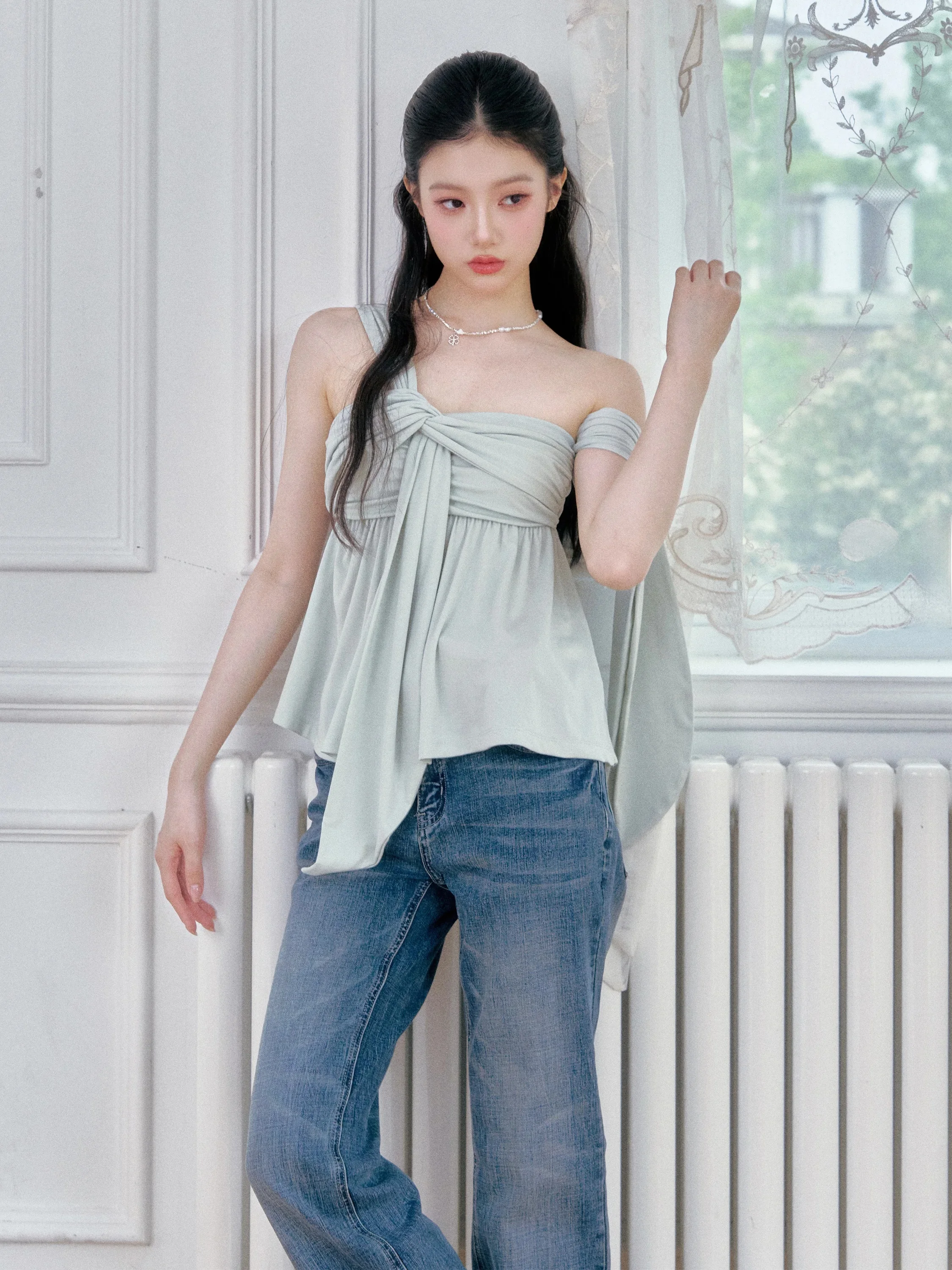 Laid-back Style Shoulder Bared Top Island Mango Loose Fit Short Sleeve Women's T-shirt Korean Style Pure Color Breathable Summer