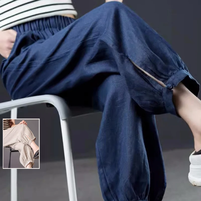 

Retro Pure Color Button Cotton Linen Harlan Pants Loose Fit Summer Thin Casual Nine Point Women's plus Size Trousers