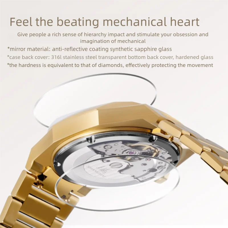 Orologio da uomo Shanghai Jungfrau Orologio meccanico automatico con tre diamanti Orologio tutto in oro Orologio con zaffiro 23-8205-GDGD