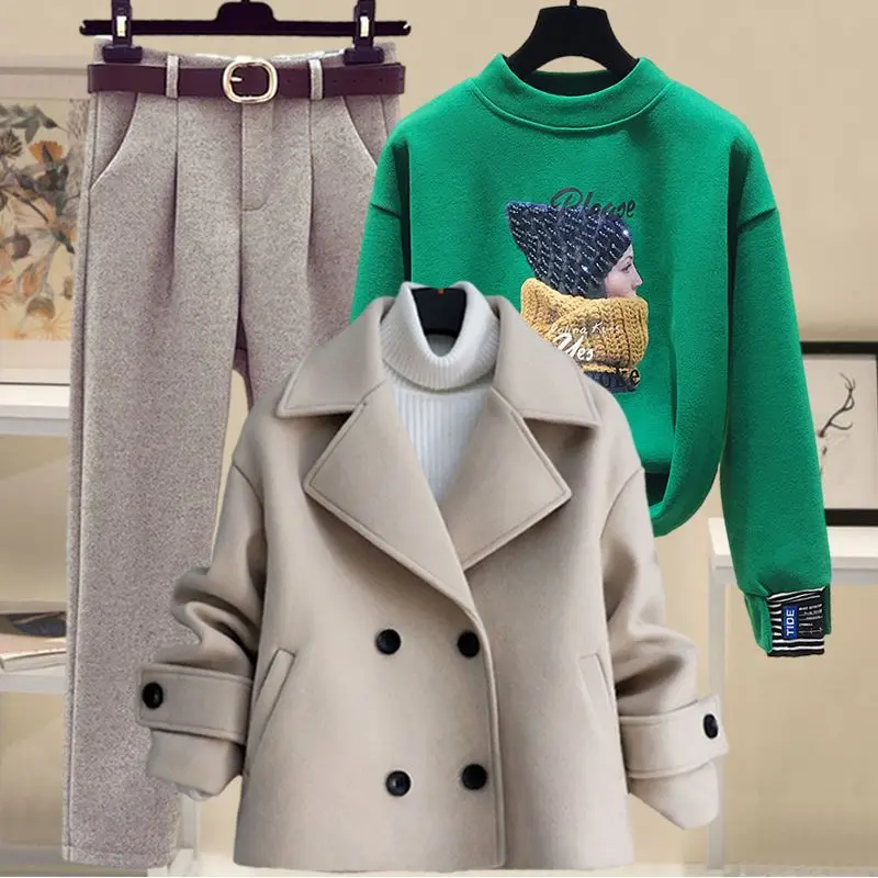 Thickened Woolen Jacket+plush Warm Top+slim Fit Small Foot Woolen Pants with Fashionable Temperament, Three Piece Set for Women