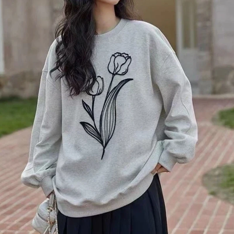 Women American Lazy Style Tulip Line Print Sweatshirt Spring Autumn Thin Crew Neck Loose Casual Top