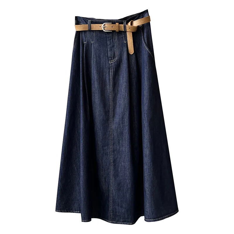 Dameskleding Denim Rok Vintage Hoge Taille 2024 Zomer Afslankende Lange A-Line Nieuwe Modieuze Vrouwen Casual Rok Met Riem