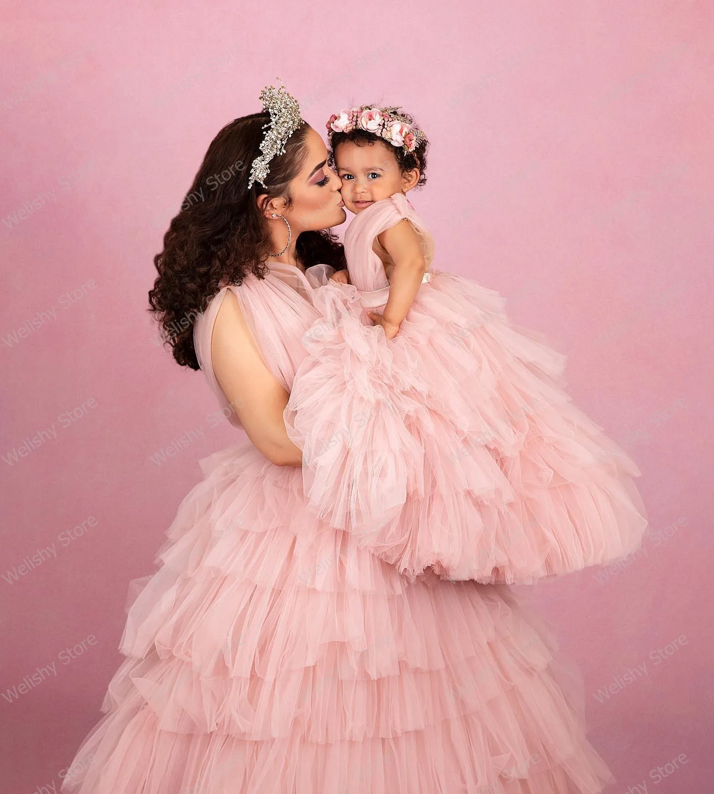 Blush Pink Puffy Ruffles Tulle Dresses Mommy & Me Tiered Ruffled Birthday Party Long Dress Custom Made Mother And Kids Wear