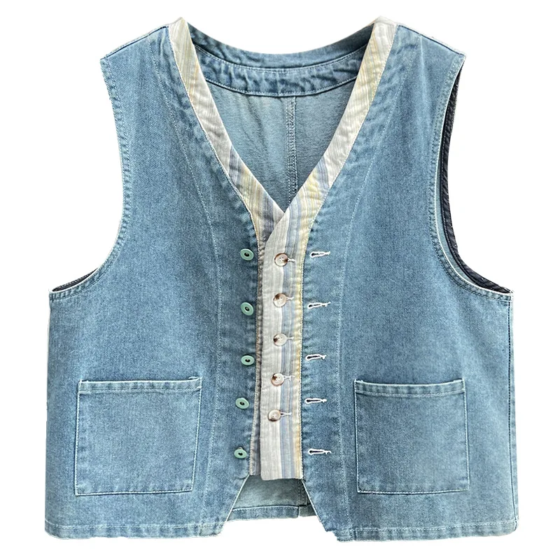 

XL Women's Sleeveless Vest Autumn Block Color Preppy Style Denim Coat 8265