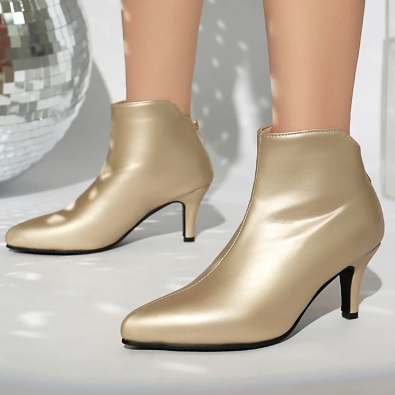 Fashion Ankle Boots for Women High Heels Gold Silver Short Boot Black White Party Dance Shoes Ladies Large Size 45 Waterproof
