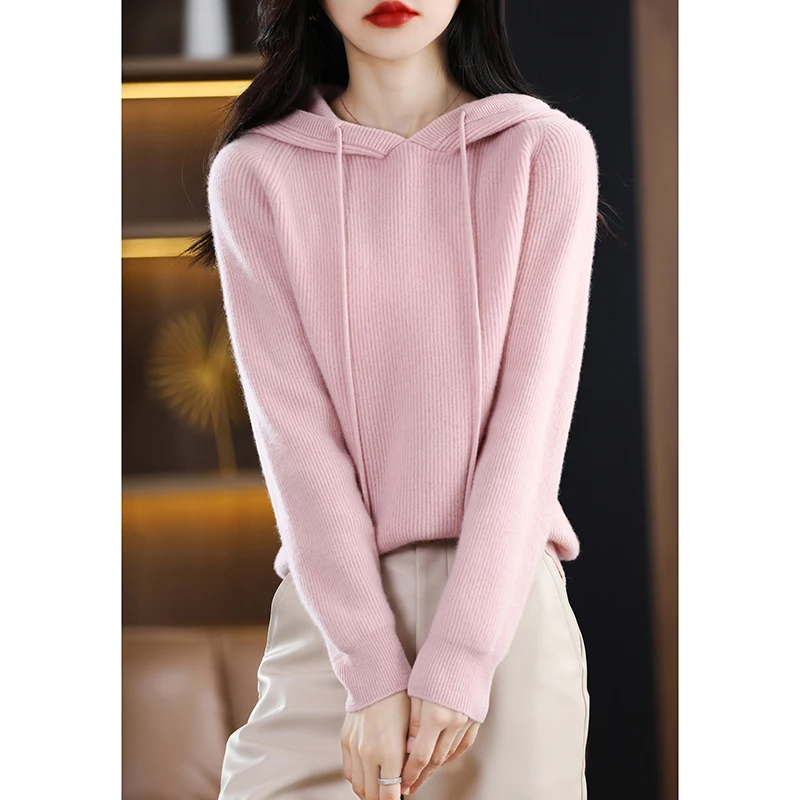 Spring And Autumn Pure Wool Precision High End Fashion Hooded Cashmere Sweater Women\'s Loose And Comfortable Sweater Temperament