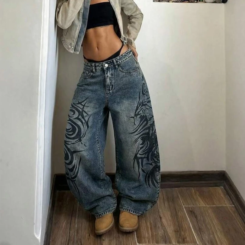 Y2K American Street Women Vintage Faded Baggy Jeans Abstract Side Print High Waist Wide Floor Denim Summer 2026 Casual Pants
