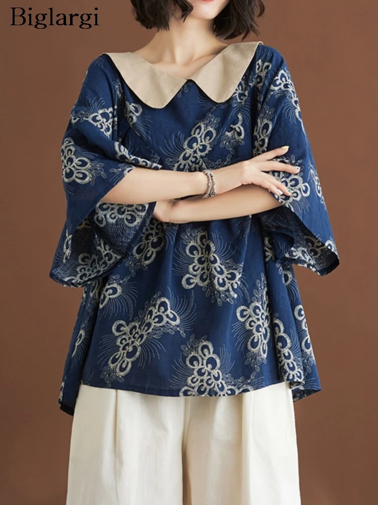 

Summer T-Shirts Tops Women Floral Print Patchwork Collar Fashion Casual Ladies Blouses Loose Ruffle Pleated Woman Oversized Tops