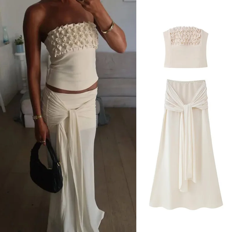 

PRINTKAOIR Sexy Flower Crop Top Midi Skirt Sets Women Beach Slim Sleeveless Chest Wrap Vest Intersect Skirts Female Suit 2025