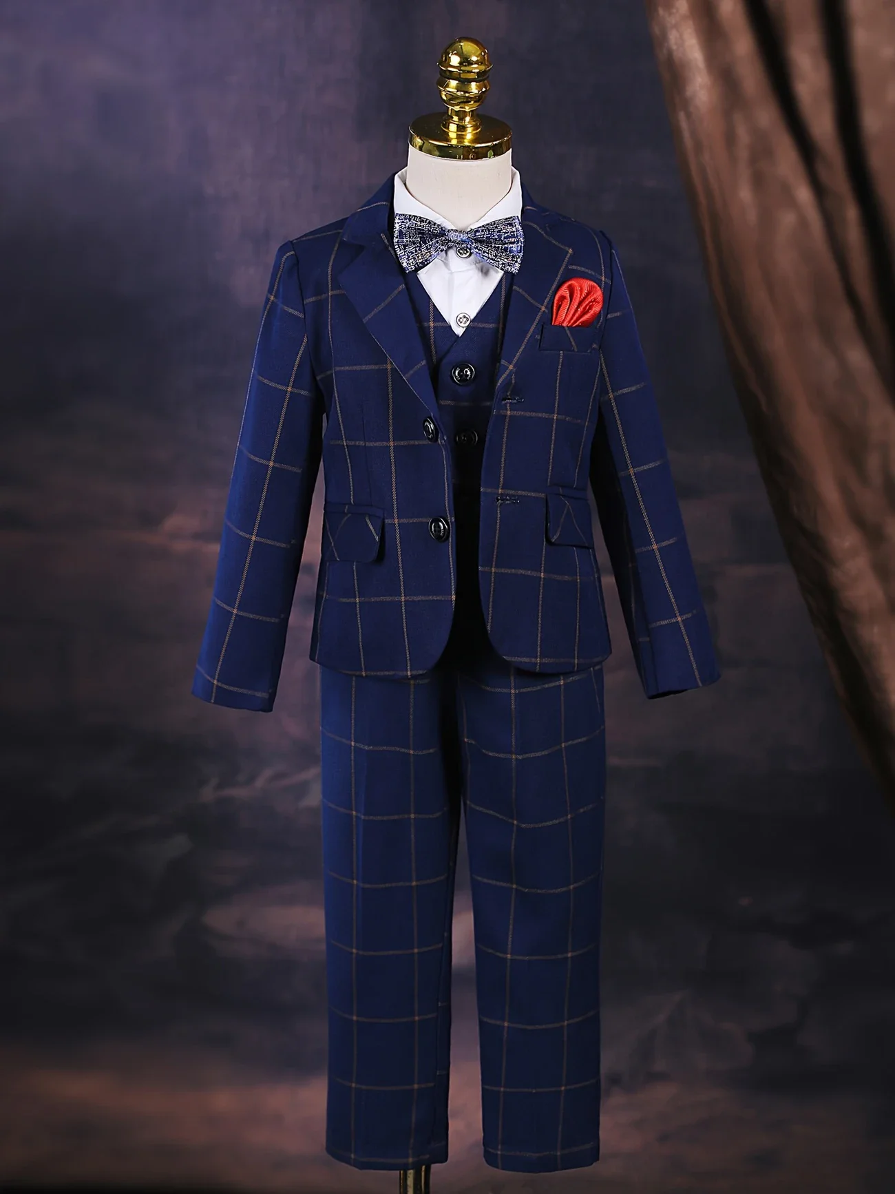 

Весенний клетчатый костюм с цветочным узором для мальчиков, 4 шт./компл., куртка, жилет, брюки, свадебный костюм с галстуком-бабочкой, детское платье для выступлений на фортепиано, детский блейзер