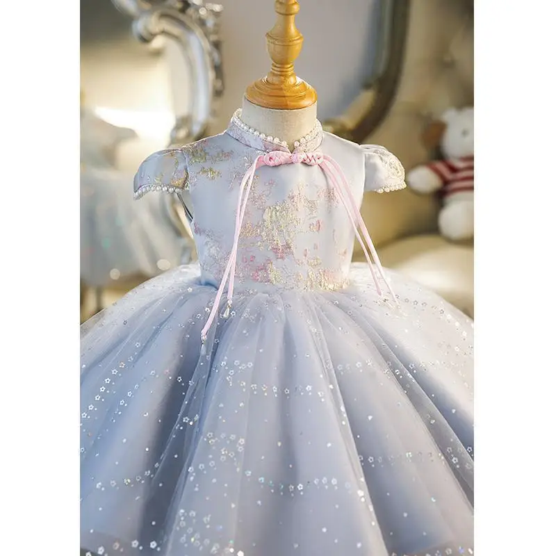 Gray High-End Feel Baby Girl First Birthday Dress Children's Princess Dress Host Show Piano Performance Dress