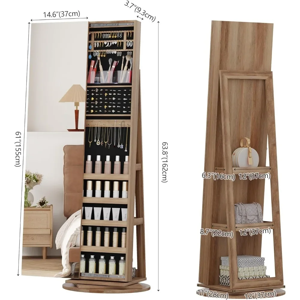 360 ° Swivel Jewelry Cabinet com Full Length Mirror, Lockable Mirror com Jewelry Storage Storage, Floor Standing, Rear Storage Prateleiras