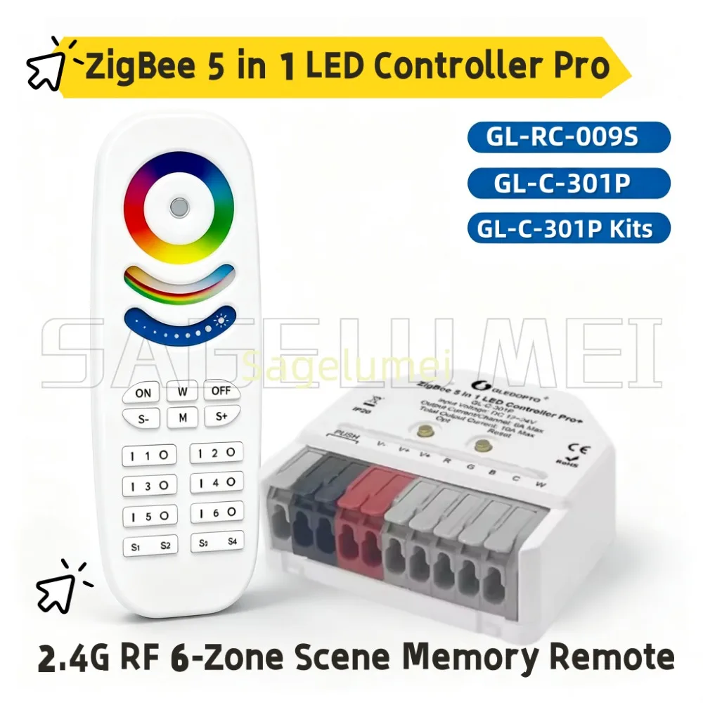 Zigbee Pro+ 5 in 1 LED Strip Controller GLEDOPTO Voice RF Remote Control10A Max RGBCCT/RGBW/RGB/CCT/Dimmer Alexa Tuya Smart APP