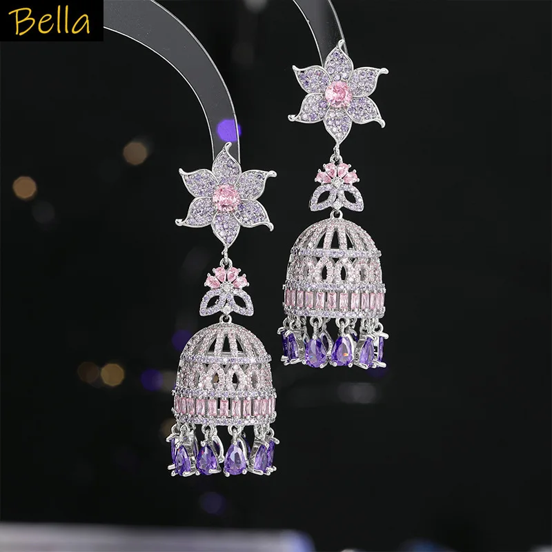

pink purple zirconia earrings silver color black jewelry flower bell pendant dangling earrings women party
